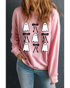 Pink Ghost Bowknot Printed Drop Shoulder Halloween Sweatshirt - XL