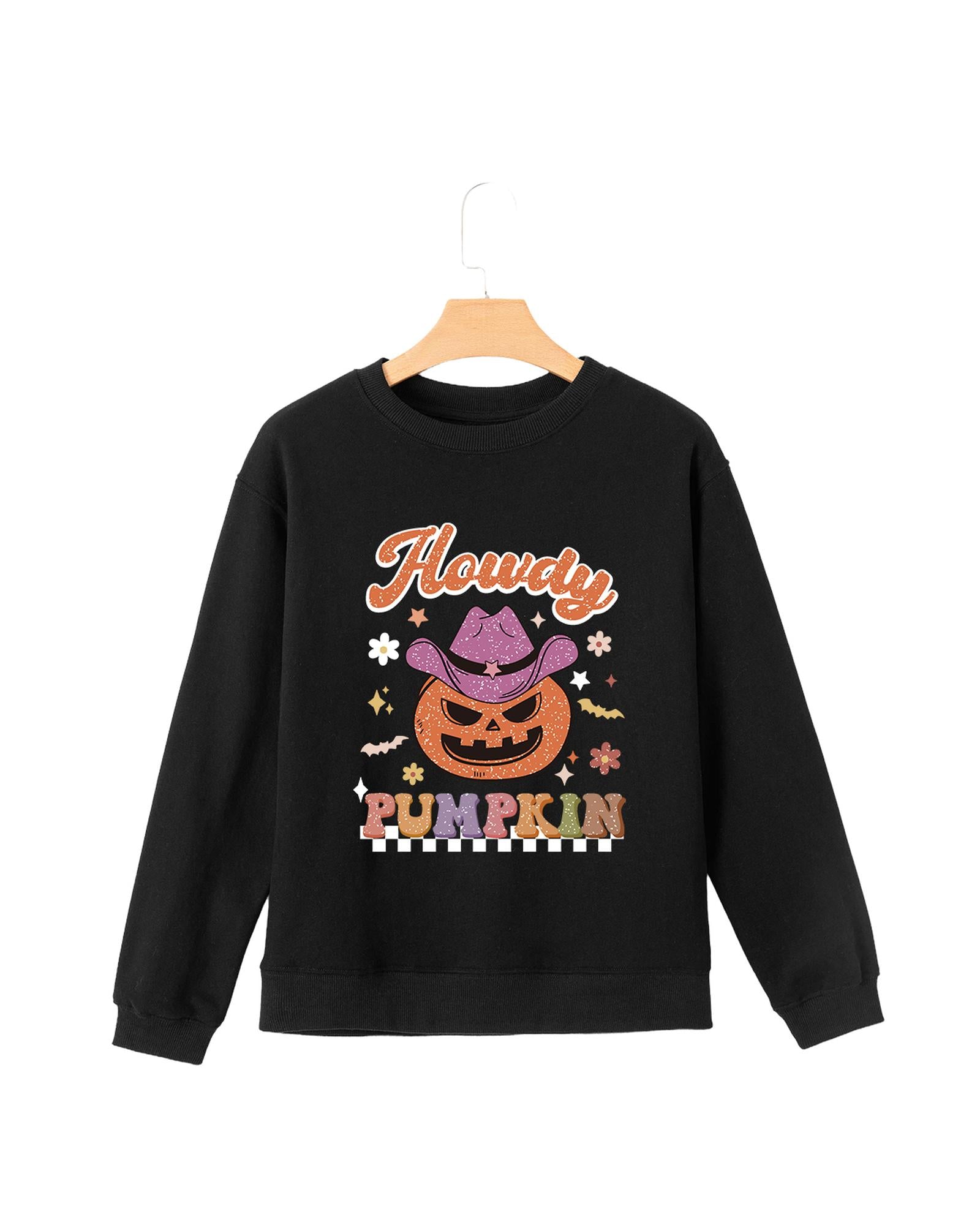 Black Halloween Howdy PUMPKIN Print Crew Neck Pullover Sweatshirt - 2XL