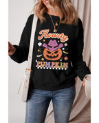 Black Halloween Howdy PUMPKIN Print Crew Neck Pullover Sweatshirt - L