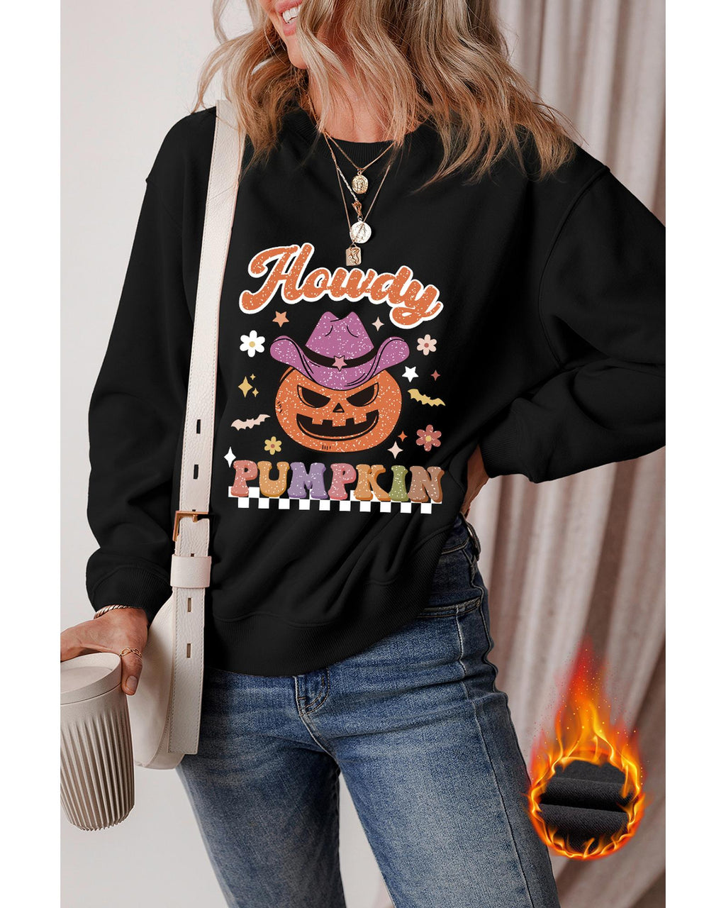 Black Halloween Howdy PUMPKIN Print Crew Neck Pullover Sweatshirt - M
