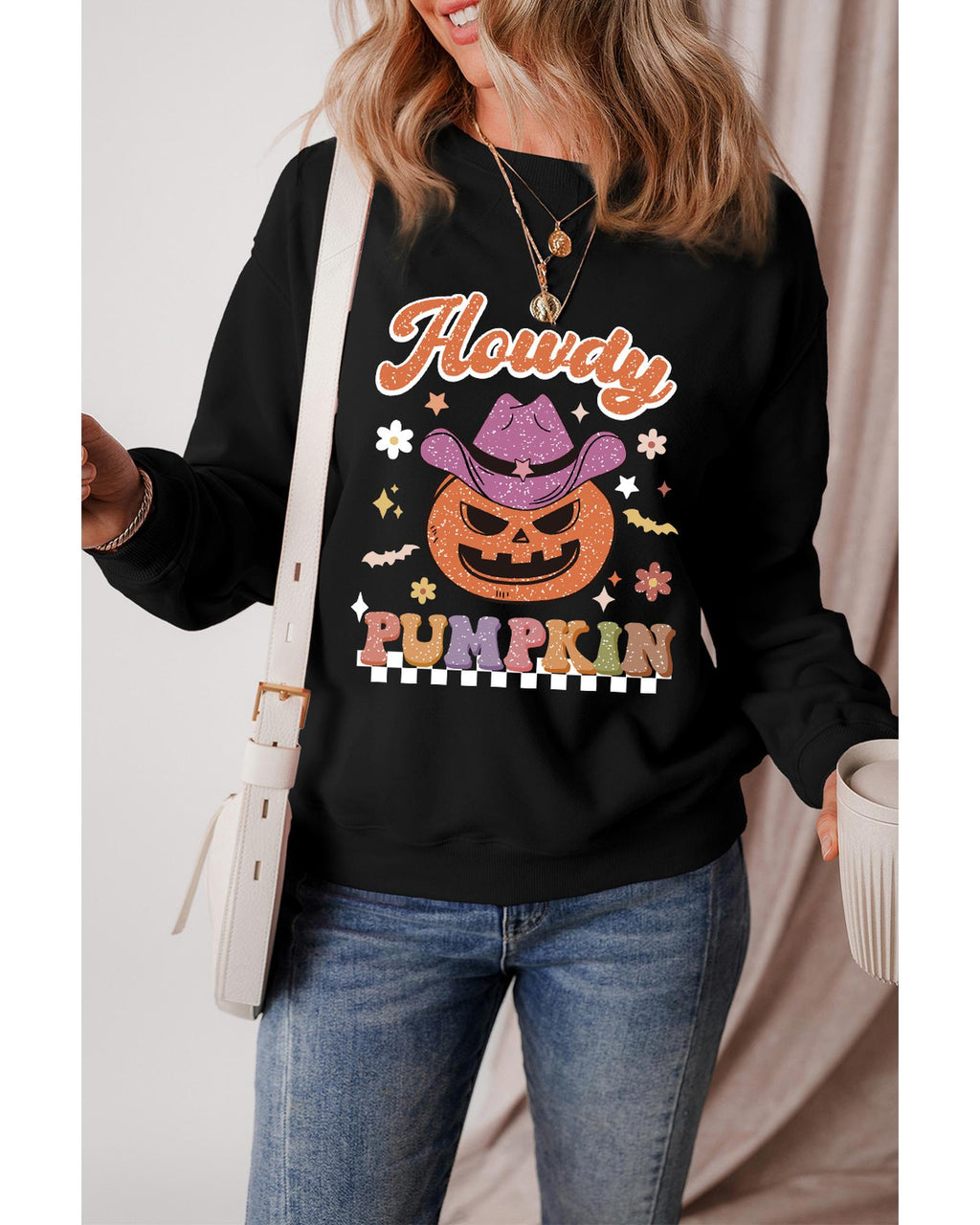 Black Halloween Howdy PUMPKIN Print Crew Neck Pullover Sweatshirt - XL