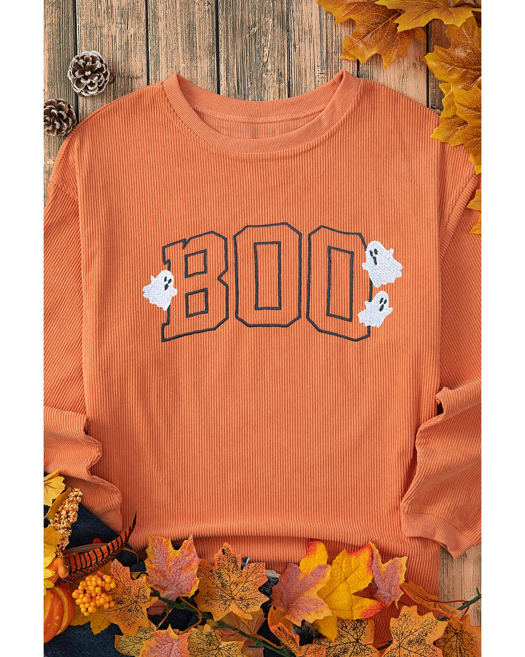 Orange Embroidered BOO Ghost Corded Halloween Sweatshirt - L