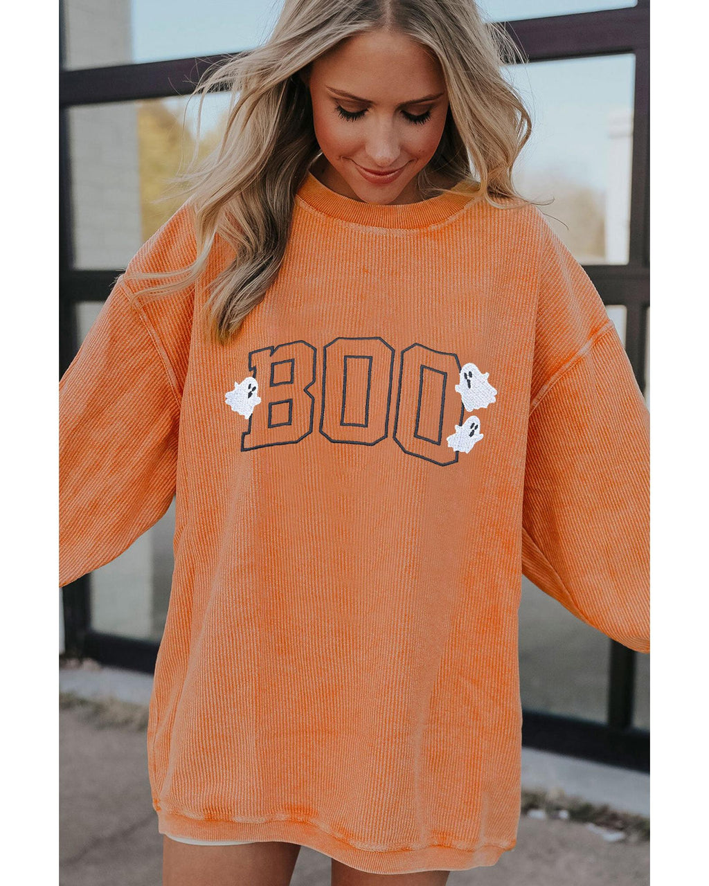 Orange Embroidered BOO Ghost Corded Halloween Sweatshirt - M