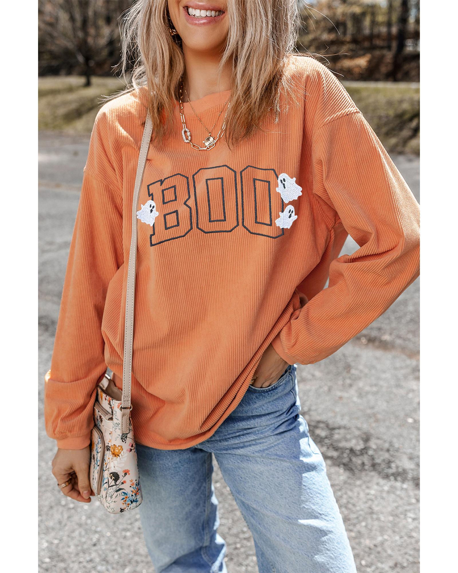 Orange Embroidered BOO Ghost Corded Halloween Sweatshirt - S