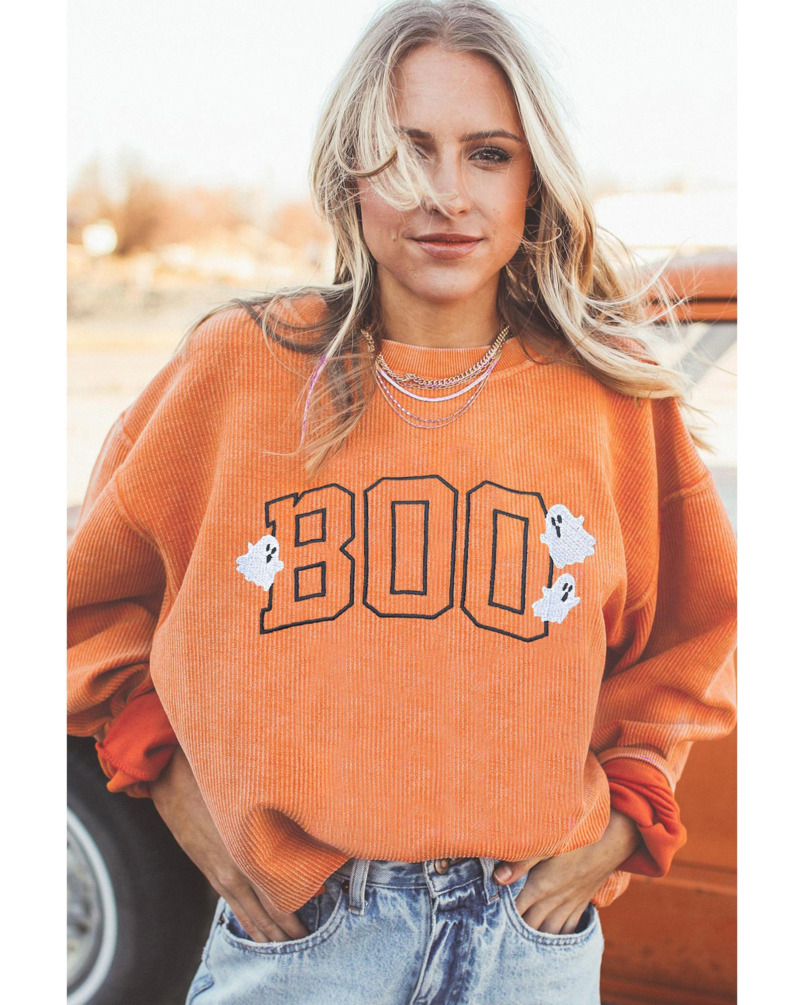 Orange Embroidered BOO Ghost Corded Halloween Sweatshirt - S
