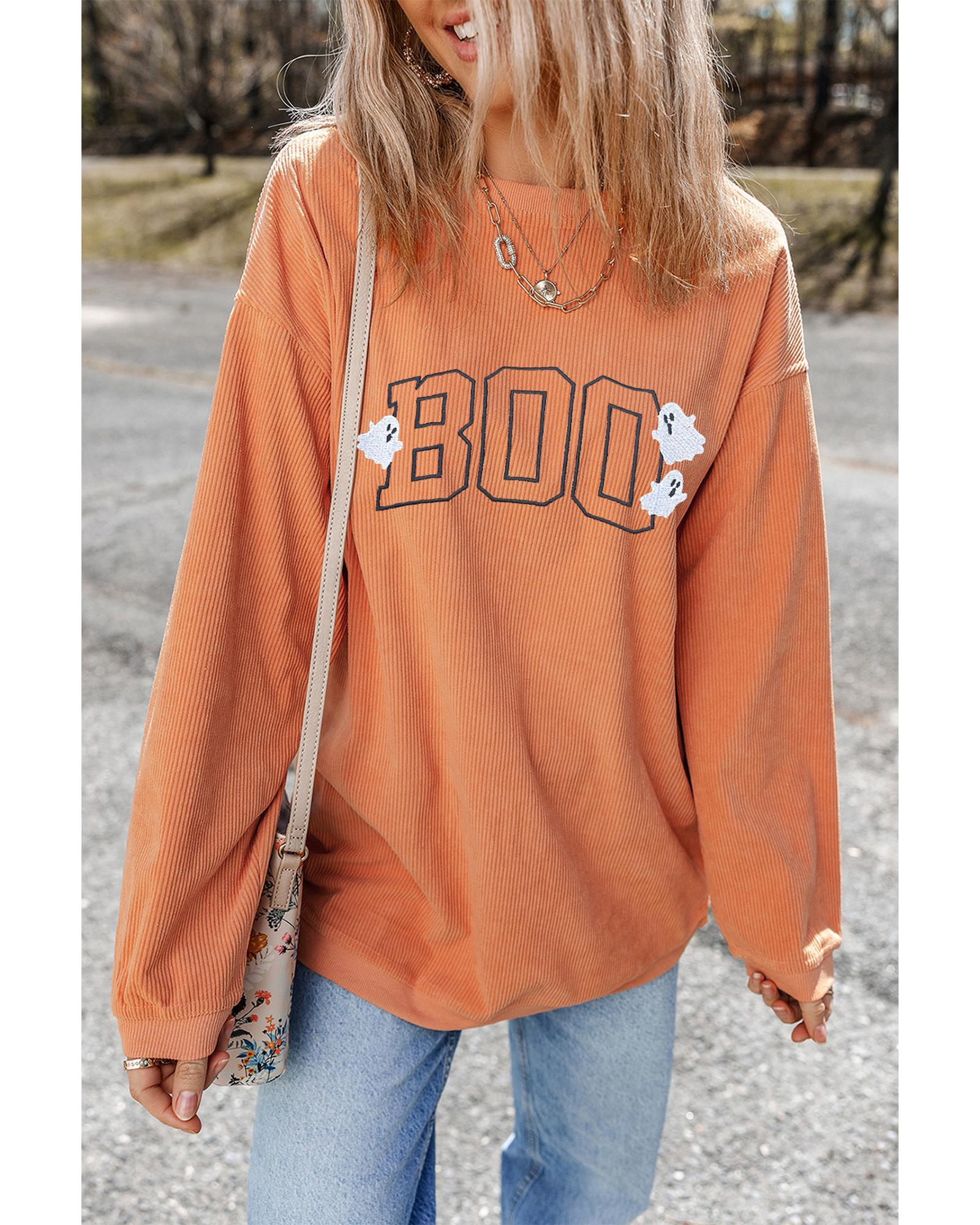 Orange Embroidered BOO Ghost Corded Halloween Sweatshirt - XL
