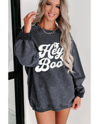 Gray Corded Hey Boo Ghost Graphic Drop Shoulder Halloween Sweatshirt - L