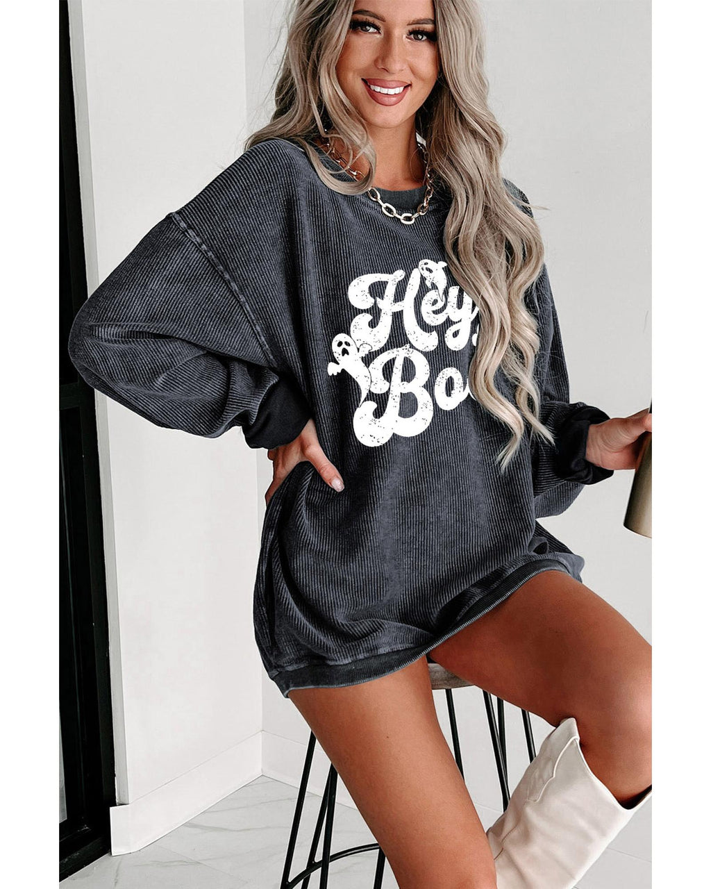 Gray Corded Hey Boo Ghost Graphic Drop Shoulder Halloween Sweatshirt - M