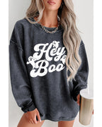Gray Corded Hey Boo Ghost Graphic Drop Shoulder Halloween Sweatshirt - M