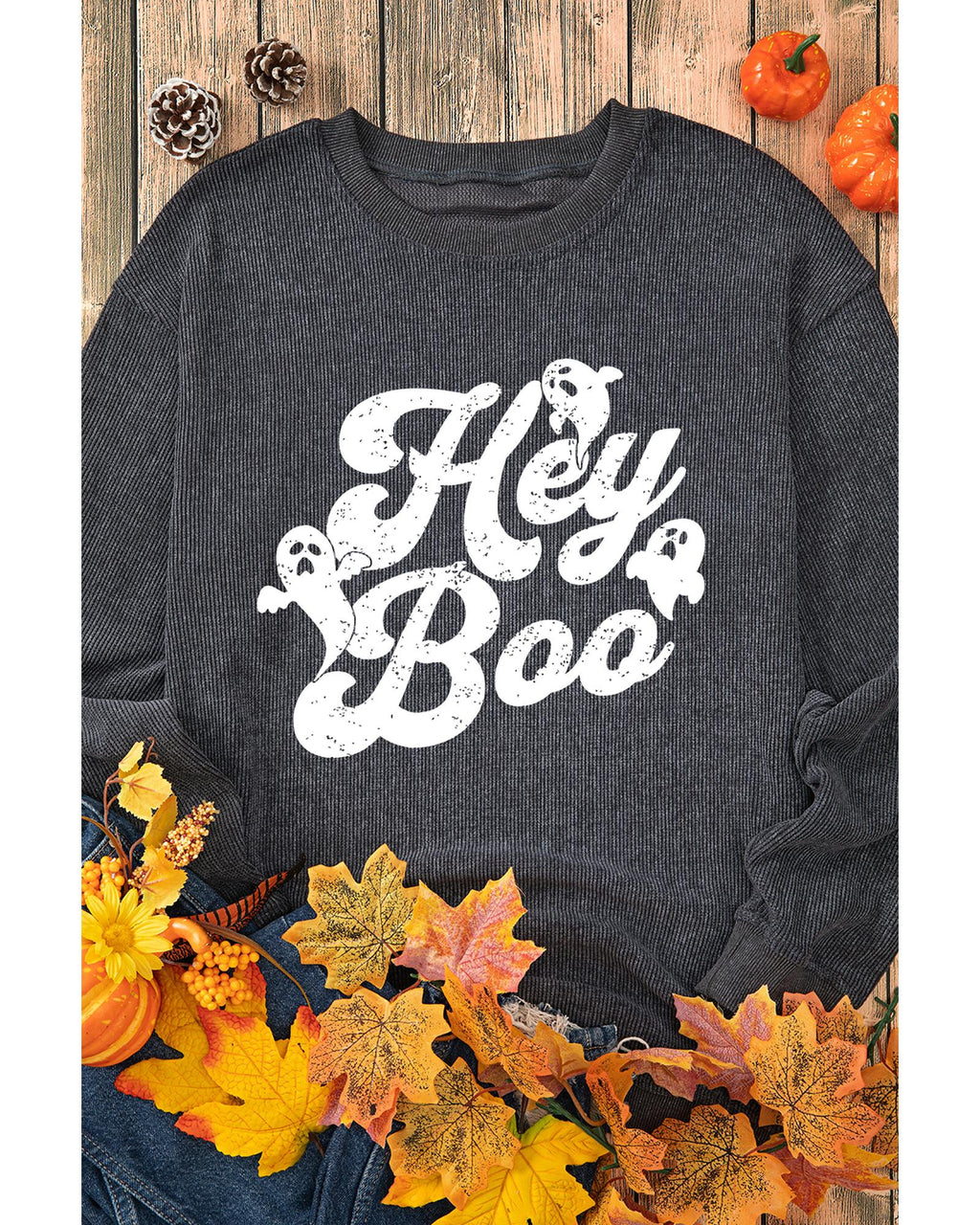 Gray Corded Hey Boo Ghost Graphic Drop Shoulder Halloween Sweatshirt - S