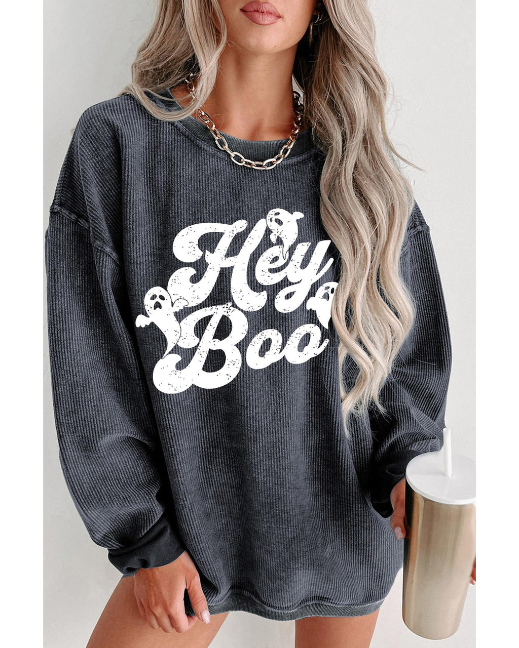 Gray Corded Hey Boo Ghost Graphic Drop Shoulder Halloween Sweatshirt - S