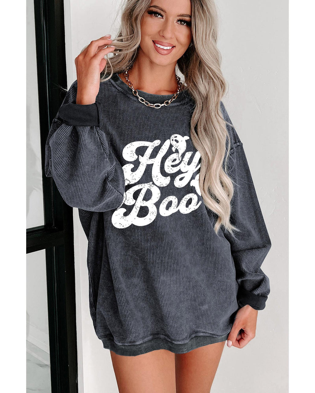 Gray Corded Hey Boo Ghost Graphic Drop Shoulder Halloween Sweatshirt - S