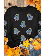 Black Glitter Ghosts Pattern Long Sleeve Halloween Sweatshirt - L