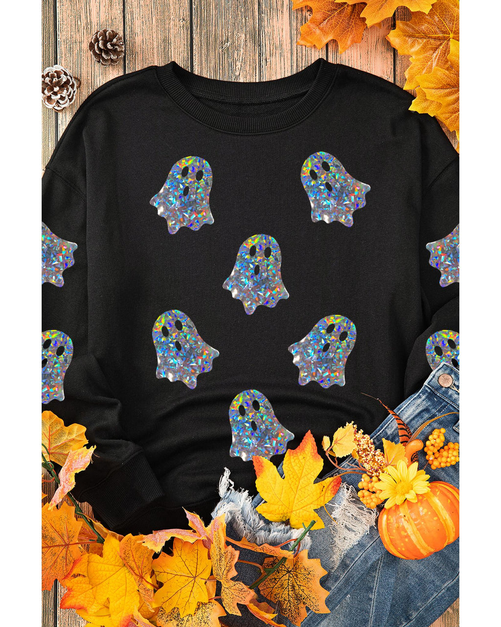 Black Glitter Ghosts Pattern Long Sleeve Halloween Sweatshirt - M