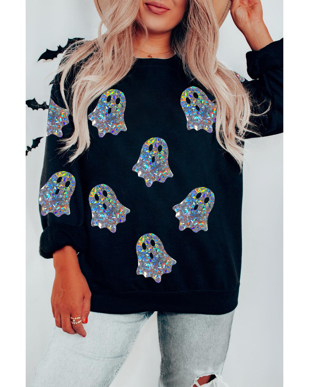 Black Glitter Ghosts Pattern Long Sleeve Halloween Sweatshirt - S