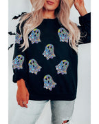 Black Glitter Ghosts Pattern Long Sleeve Halloween Sweatshirt - S
