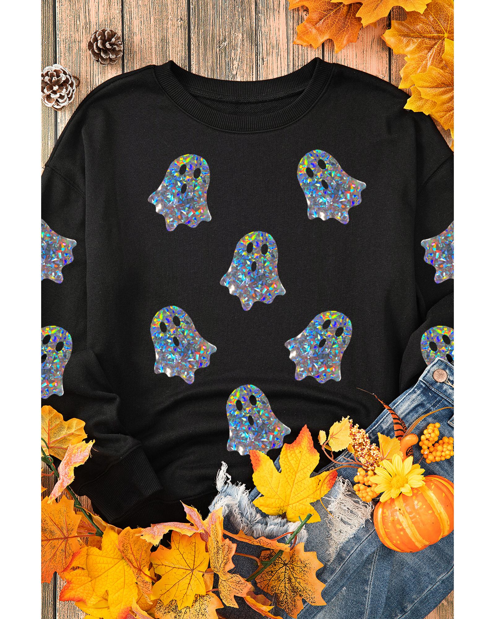 Black Glitter Ghosts Pattern Long Sleeve Halloween Sweatshirt - XL