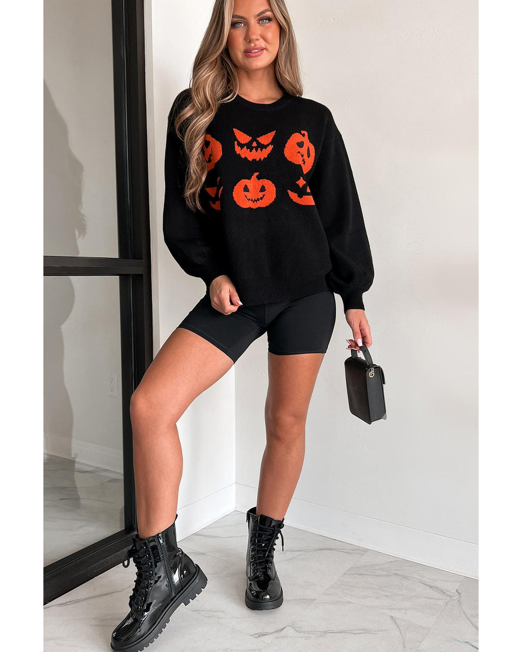 Black Halloween Pumpkin Face Pattern Drop Shoulder Sweater - L