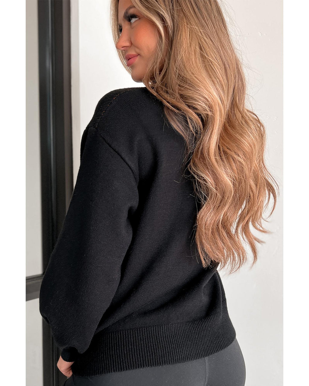 Black Halloween Pumpkin Face Pattern Drop Shoulder Sweater - L