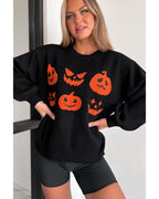 Black Halloween Pumpkin Face Pattern Drop Shoulder Sweater - S