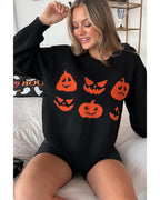 Black Halloween Pumpkin Face Pattern Drop Shoulder Sweater - S