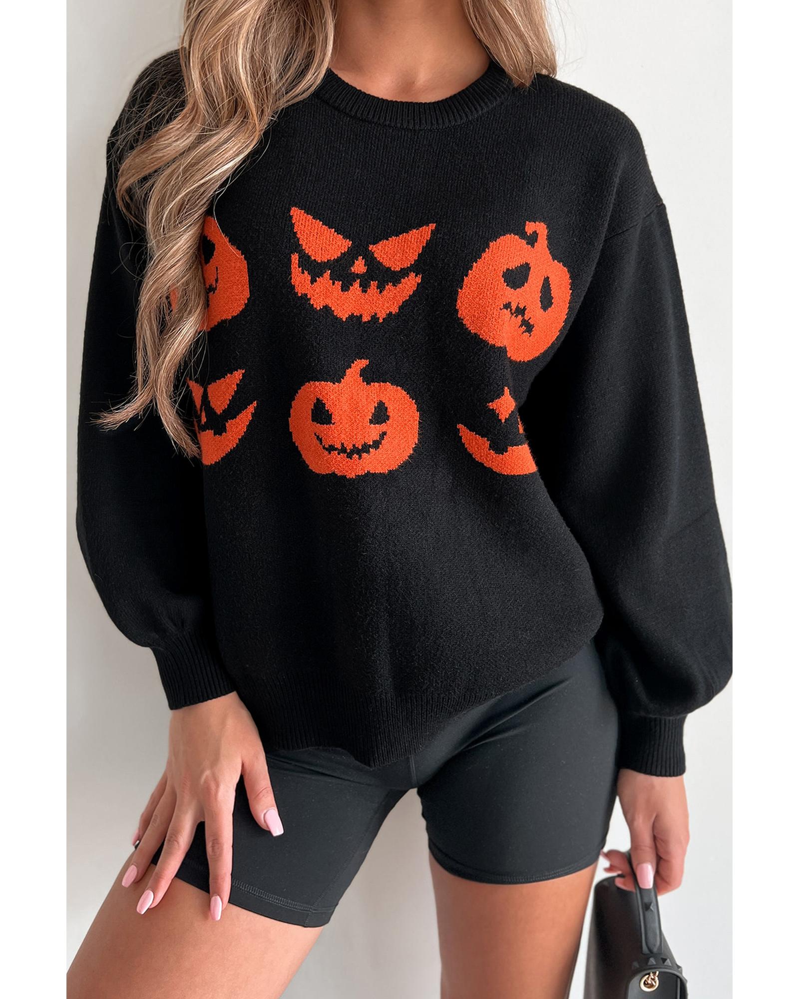 Black Halloween Pumpkin Face Pattern Drop Shoulder Sweater - S