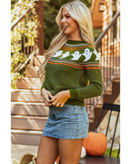 Jungle Green Halloween Ghost Pattern Drop Shoulder Sweater - L
