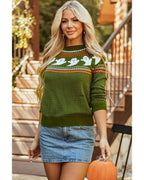 Jungle Green Halloween Ghost Pattern Drop Shoulder Sweater - L