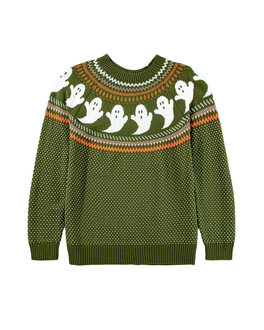 Jungle Green Halloween Ghost Pattern Drop Shoulder Sweater - L