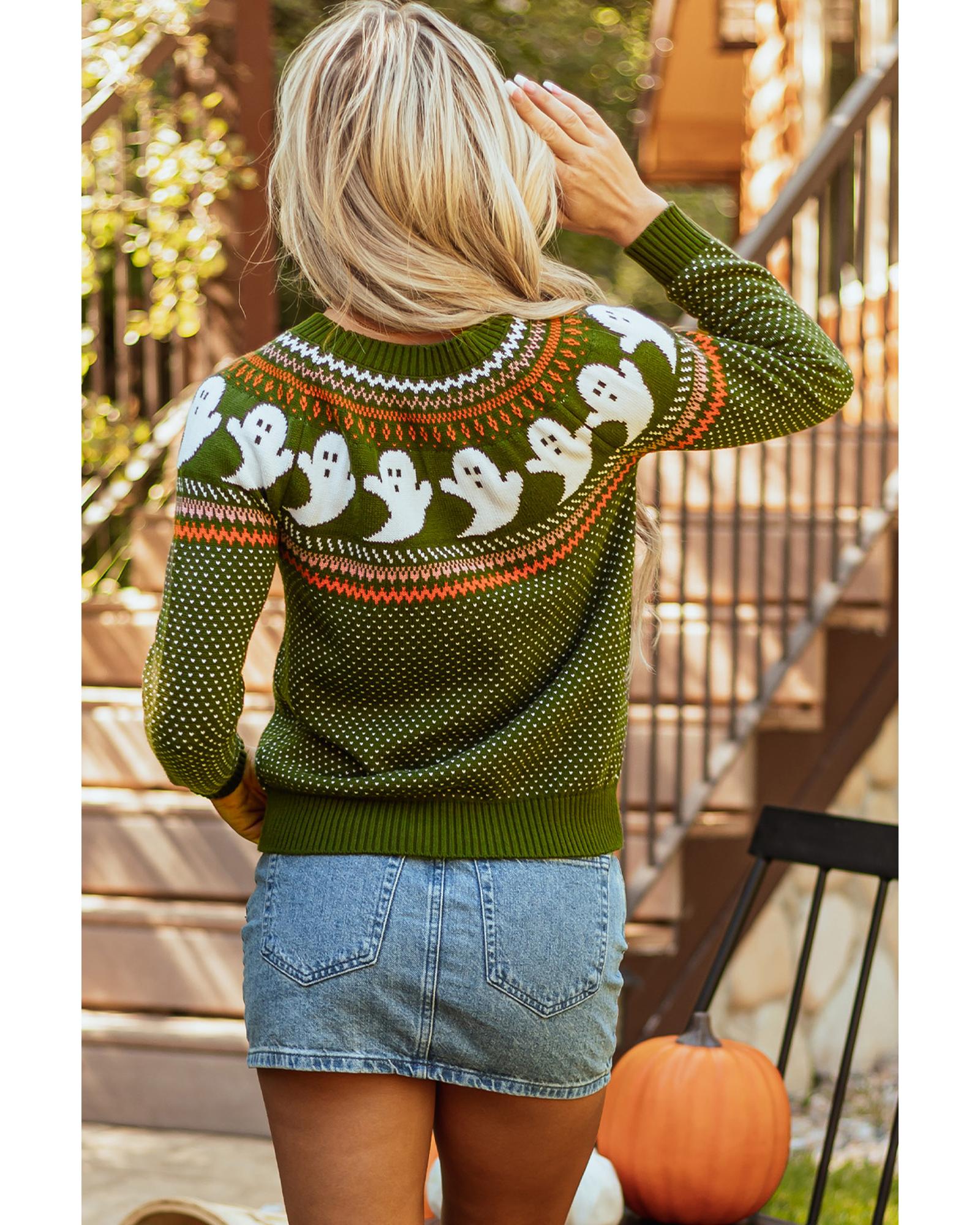 Jungle Green Halloween Ghost Pattern Drop Shoulder Sweater - M