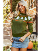 Jungle Green Halloween Ghost Pattern Drop Shoulder Sweater - M