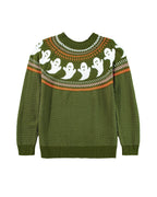 Jungle Green Halloween Ghost Pattern Drop Shoulder Sweater - M