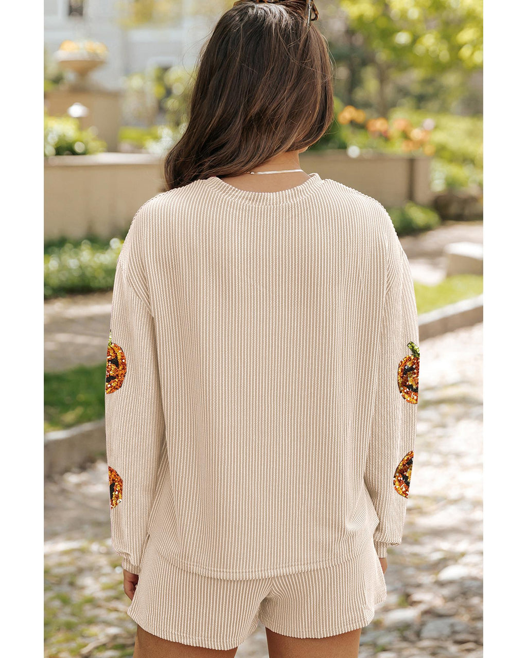 Parchment Halloween Sequin Pumpkin Corded Two Piece Shorts Set - XL