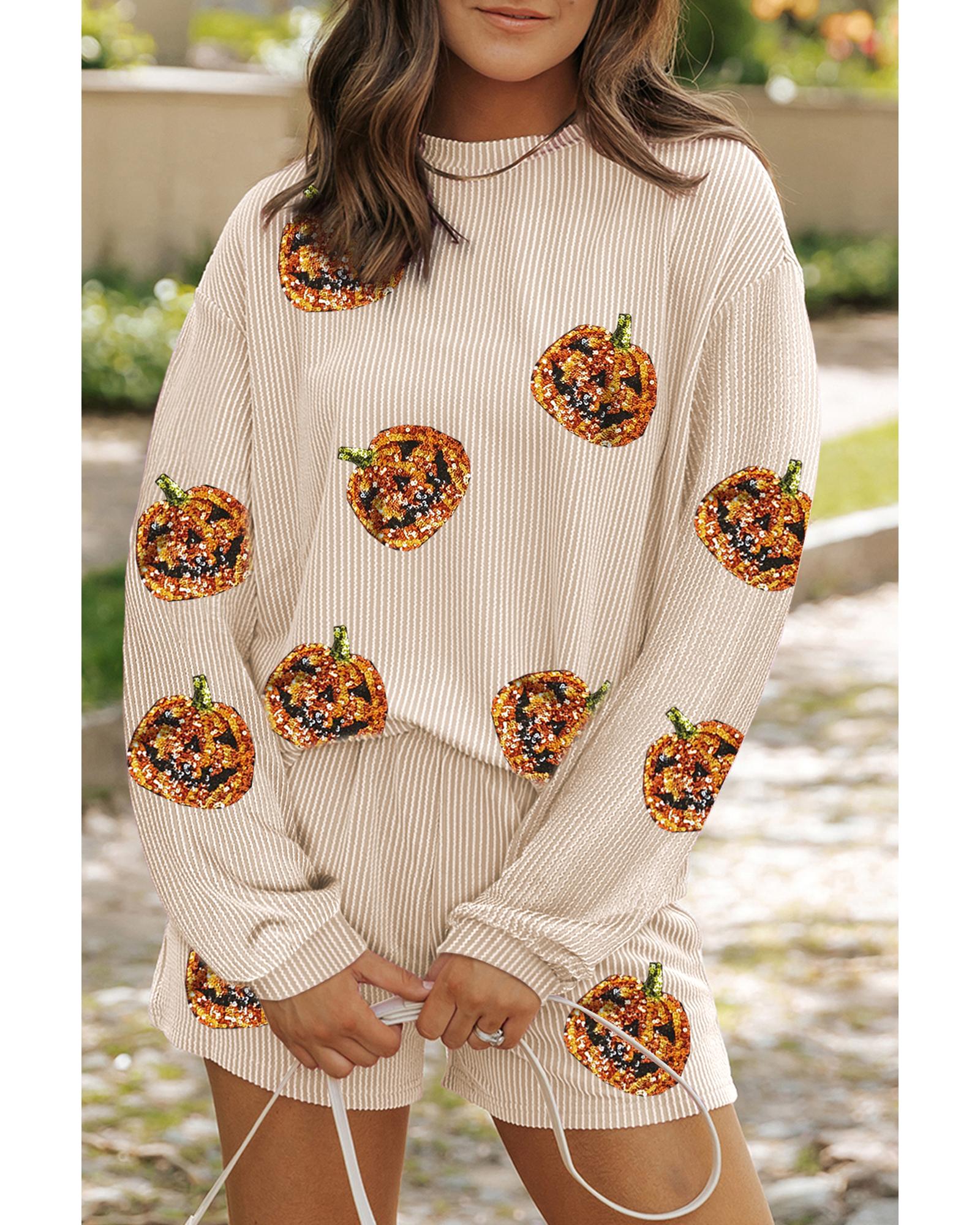 Parchment Halloween Sequin Pumpkin Corded Two Piece Shorts Set - XL