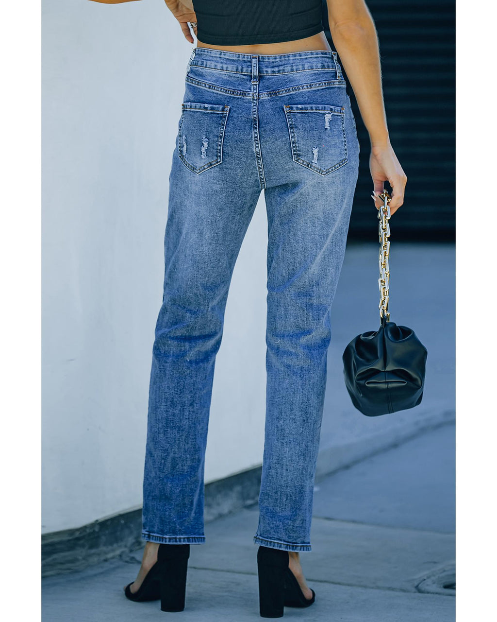 Sky Blue Halloween Pumpkin Patchwork Distressed Straight Leg Jeans - 8 US