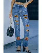 Sky Blue Halloween Pumpkin Patchwork Distressed Straight Leg Jeans - 8 US