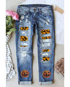 Sky Blue Halloween Pumpkin Patchwork Distressed Straight Leg Jeans - 8 US