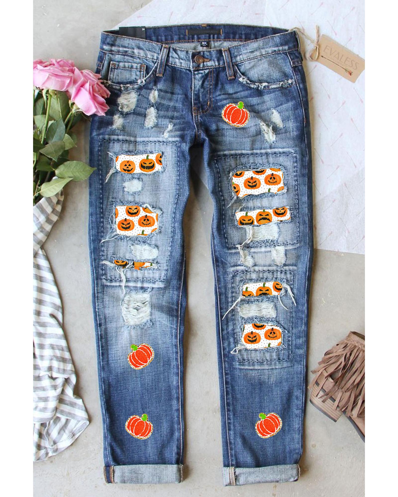 Sky Blue Ripped Pumpkin Patchwork Halloween Straight Jeans - 8 US