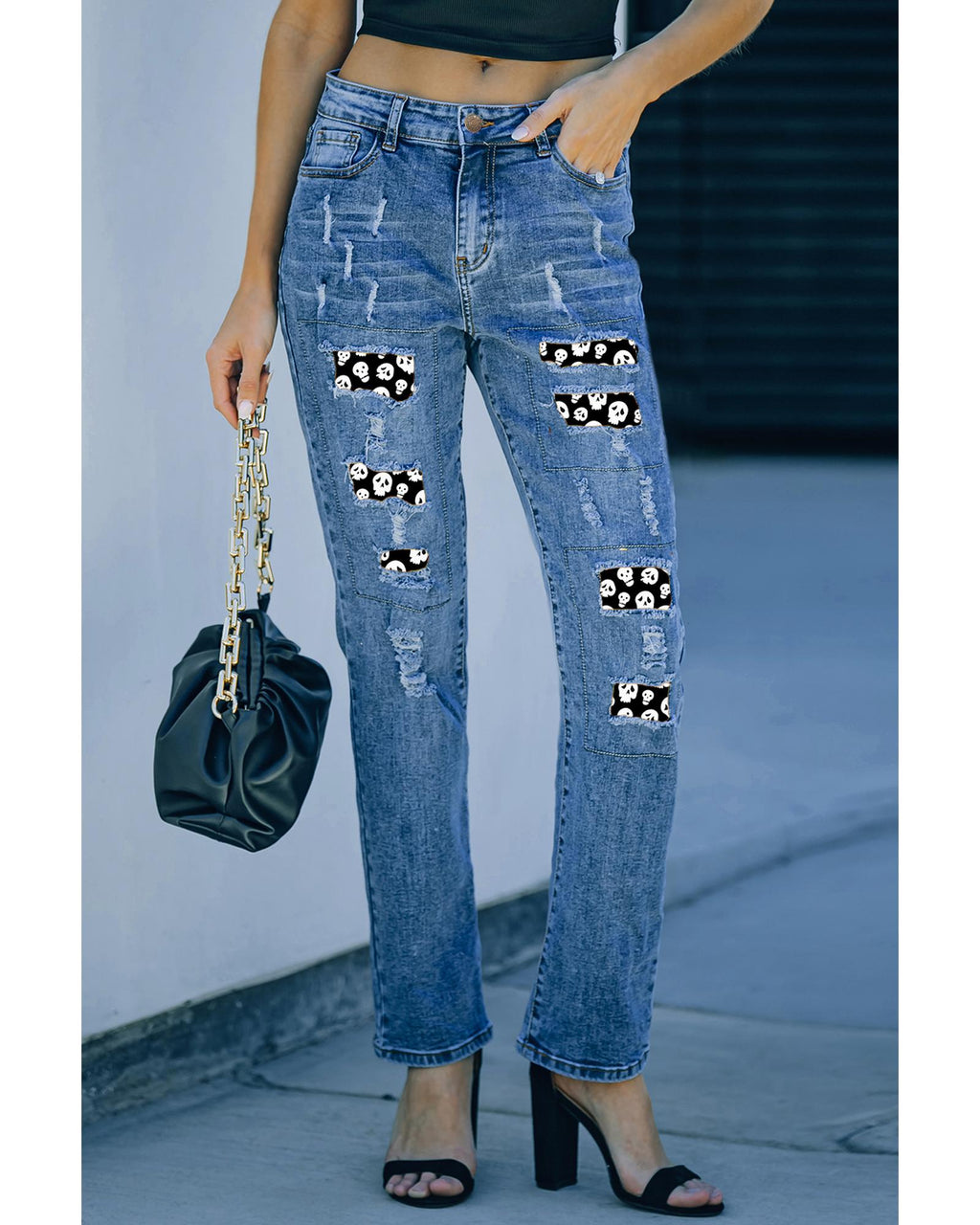 Sky Blue Halloween Skull Patchwork Distressed Straight Jeans - 8 US