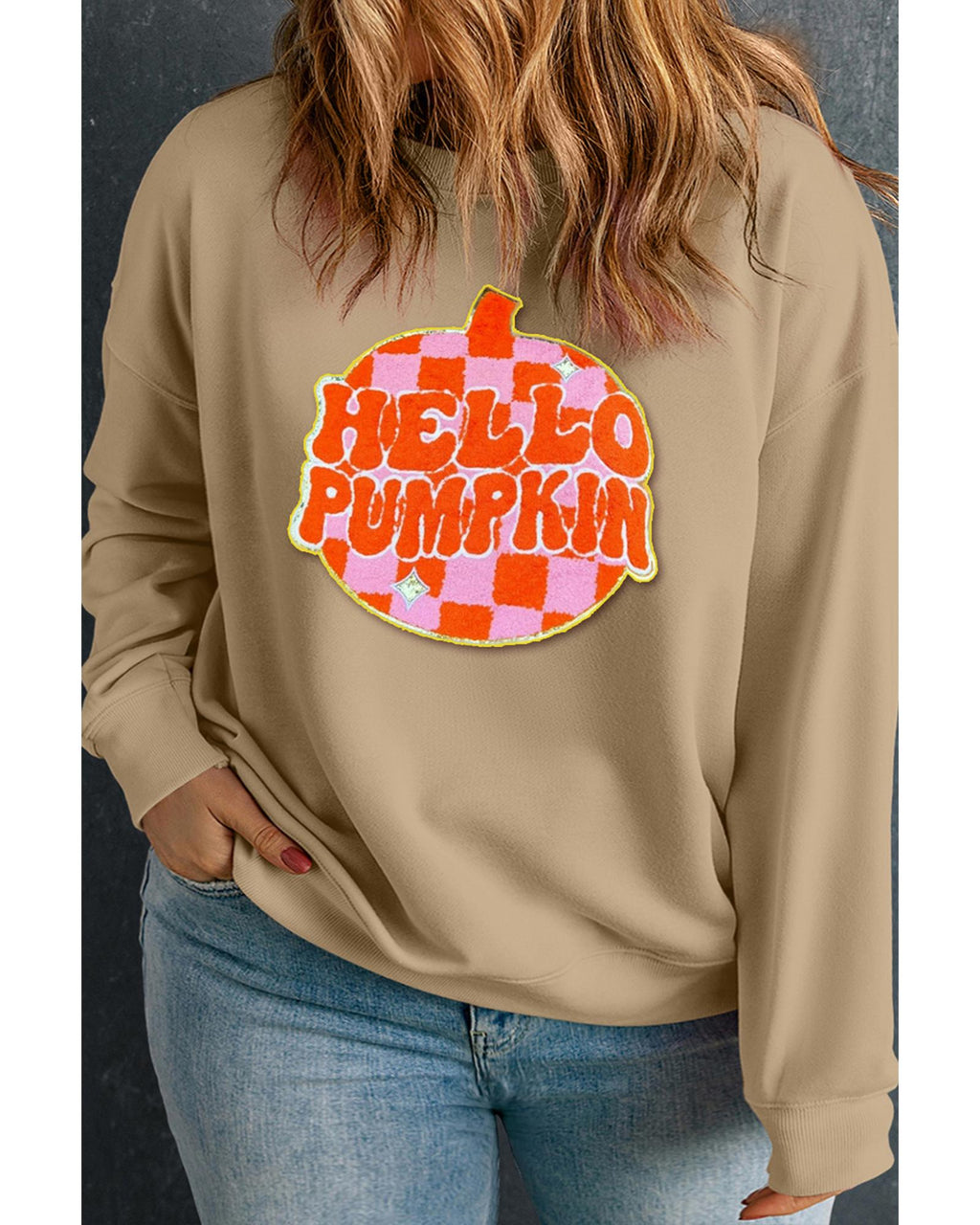Apricot Plus Hello Pumpkin Pattern Drop Shoulder Halloween Sweatshirt - 4X