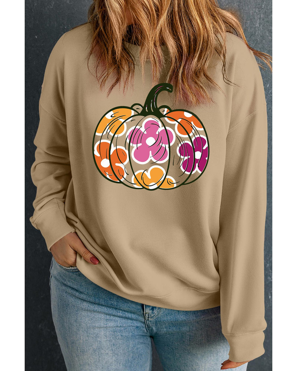 Apricot Plus Size Floral Pumpkin Print O Neck Halloween Sweatshirt - 3X
