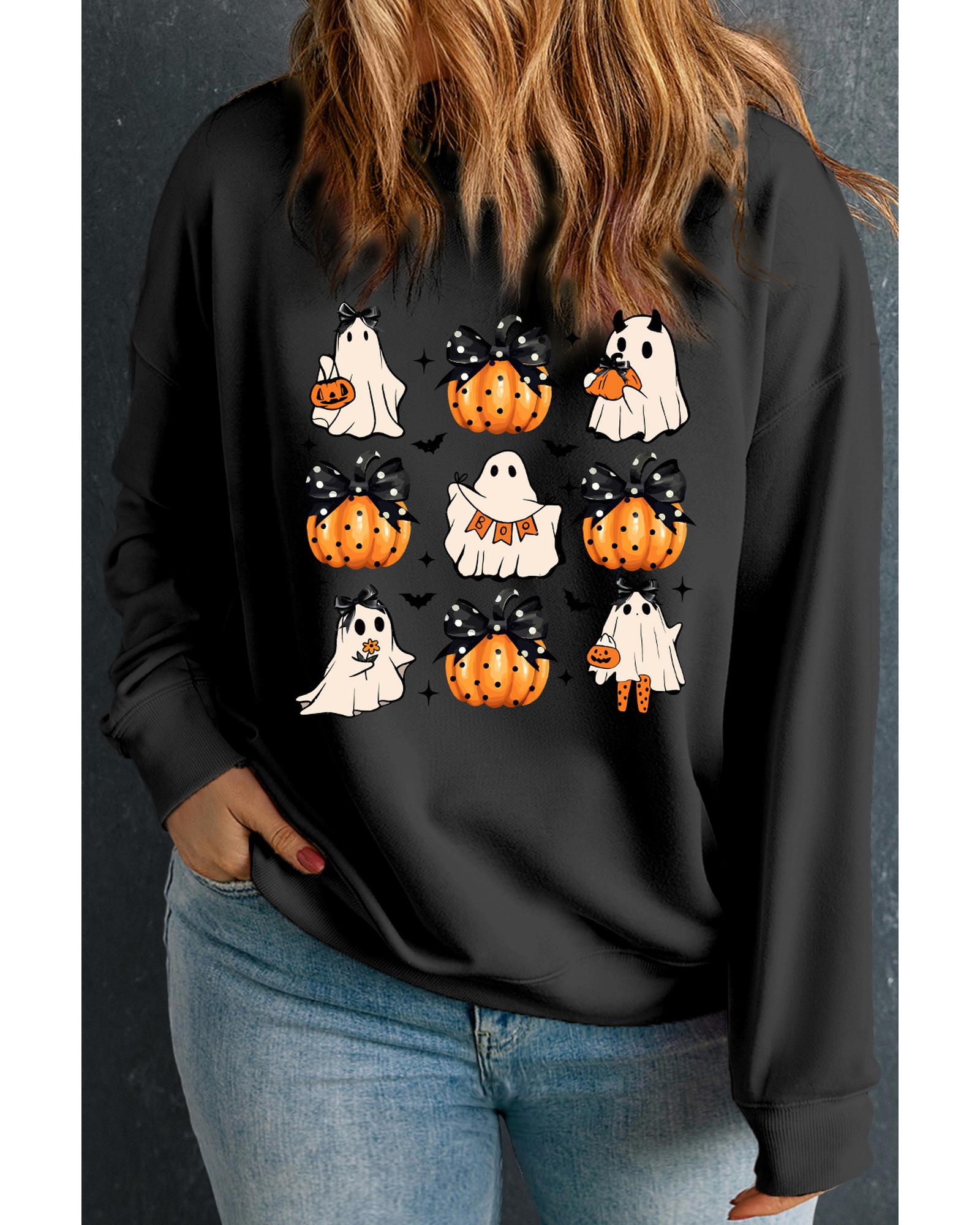 Black Halloween Polka Dot Pumpkin Ghost Print Plus Sweatshirt - 1X