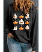 Black Halloween Polka Dot Pumpkin Ghost Print Plus Sweatshirt - 2X