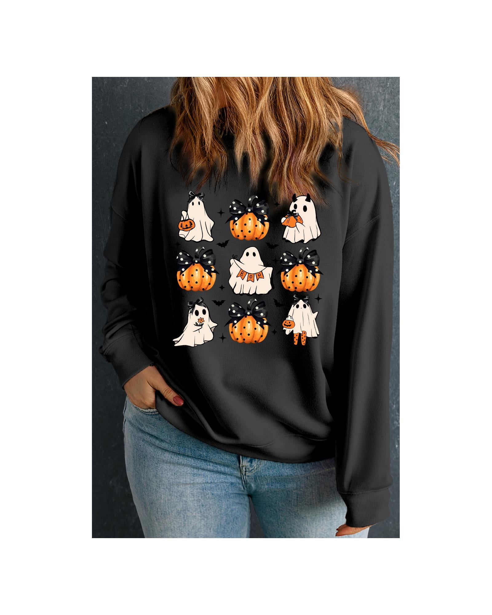 Black Halloween Polka Dot Pumpkin Ghost Print Plus Sweatshirt - 4X