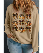 Apricot Halloween Leopard Pumpkin Bow Knot Print Plus Size Sweatshirt - 1X