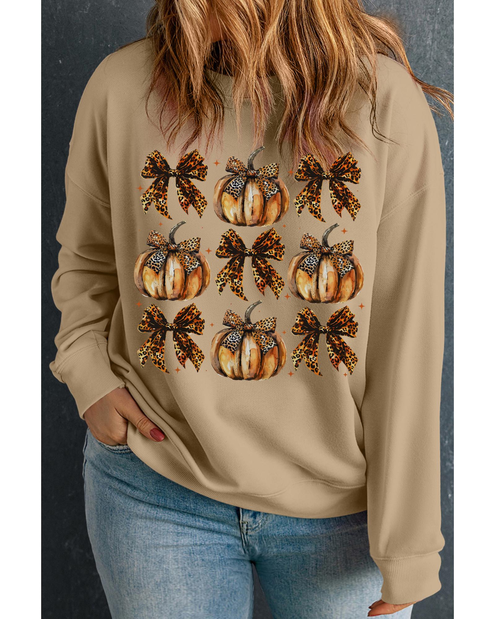 Apricot Halloween Leopard Pumpkin Bow Knot Print Plus Size Sweatshirt - 2X