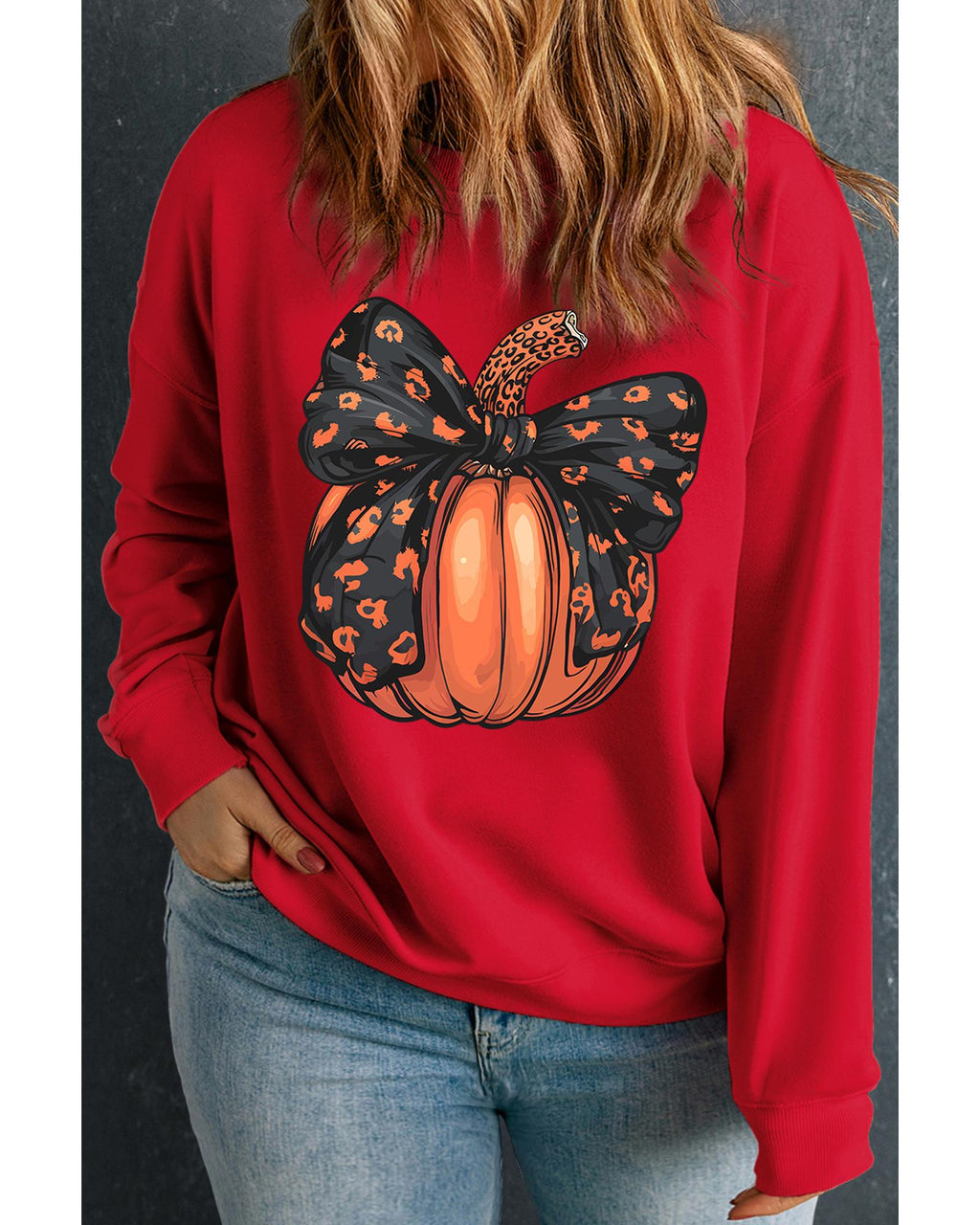 Racing Red Halloween Bow Knot Pumpkin Print Drop Shoulder Plus Sweatshirt - 2X
