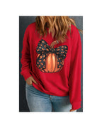 Racing Red Halloween Bow Knot Pumpkin Print Drop Shoulder Plus Sweatshirt - 4X