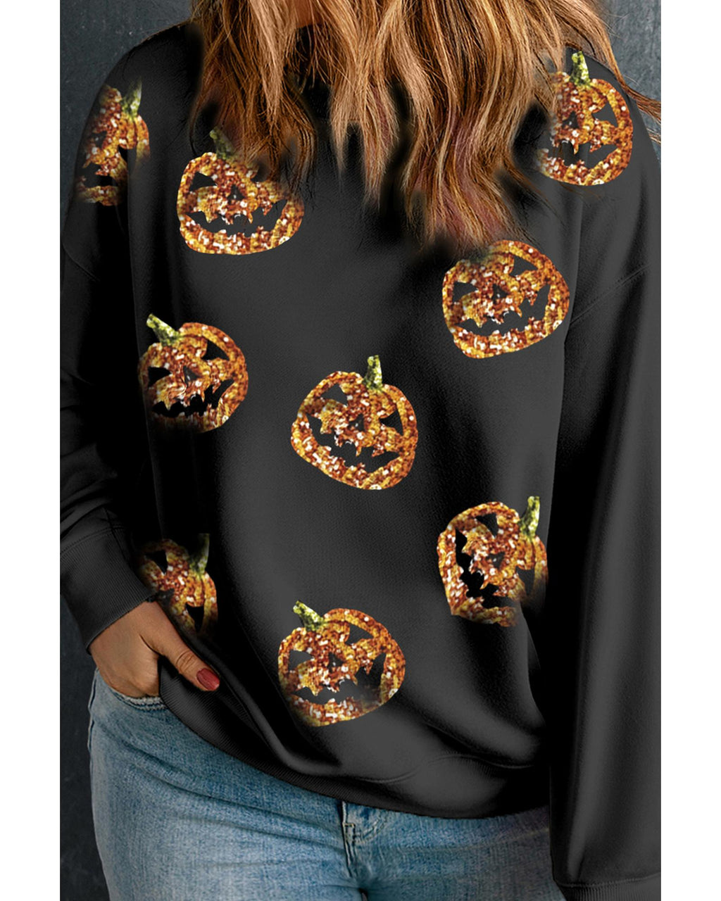 Black Sequin Pumpkin Face Graphic Plus Size Halloween Sweatshirt - 2X