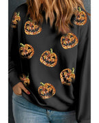 Black Sequin Pumpkin Face Graphic Plus Size Halloween Sweatshirt - 4X